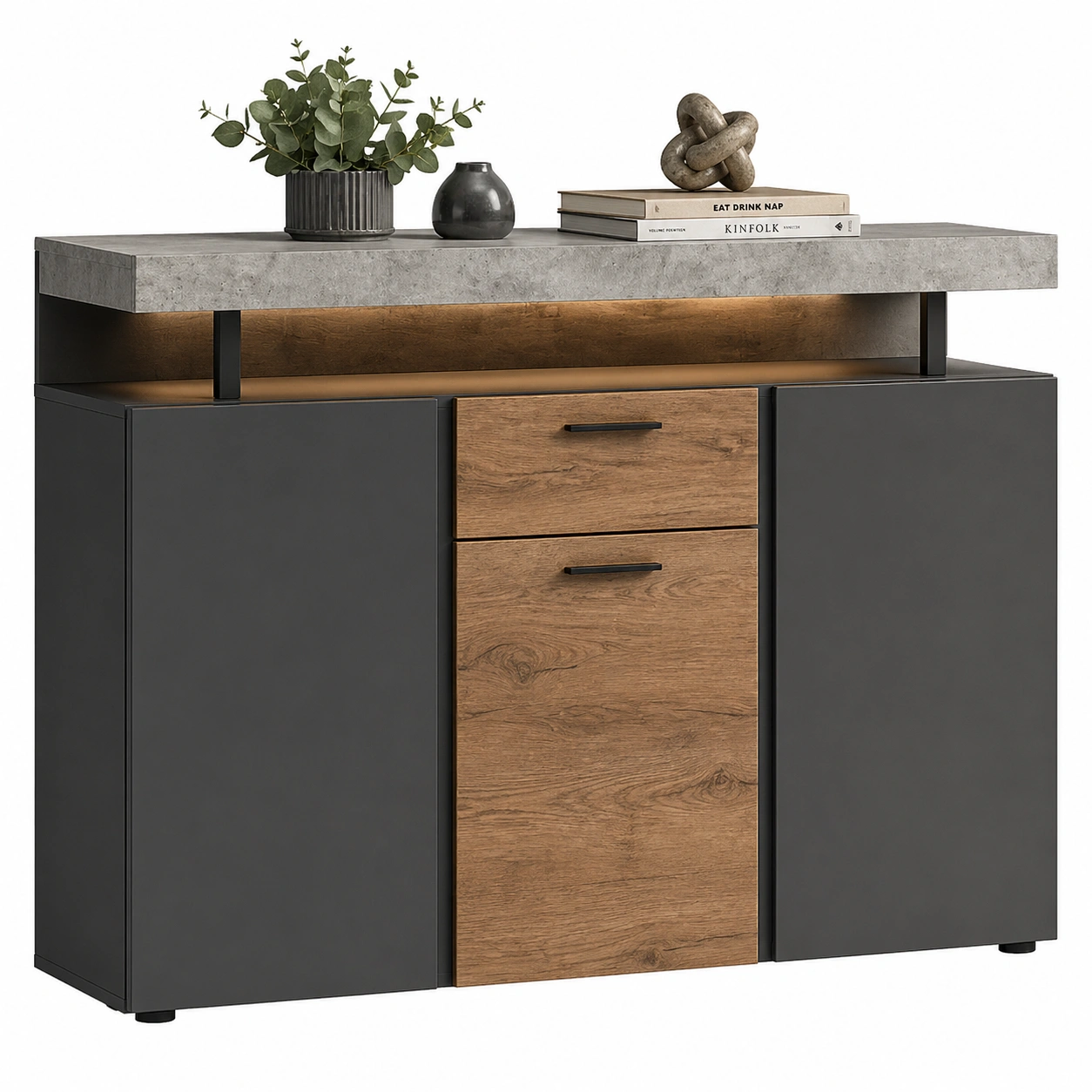 Modernes Sideboard Grau Schwarz Holzoptik mit Schubladen und Tueren 124x90x40 cm-warmnix