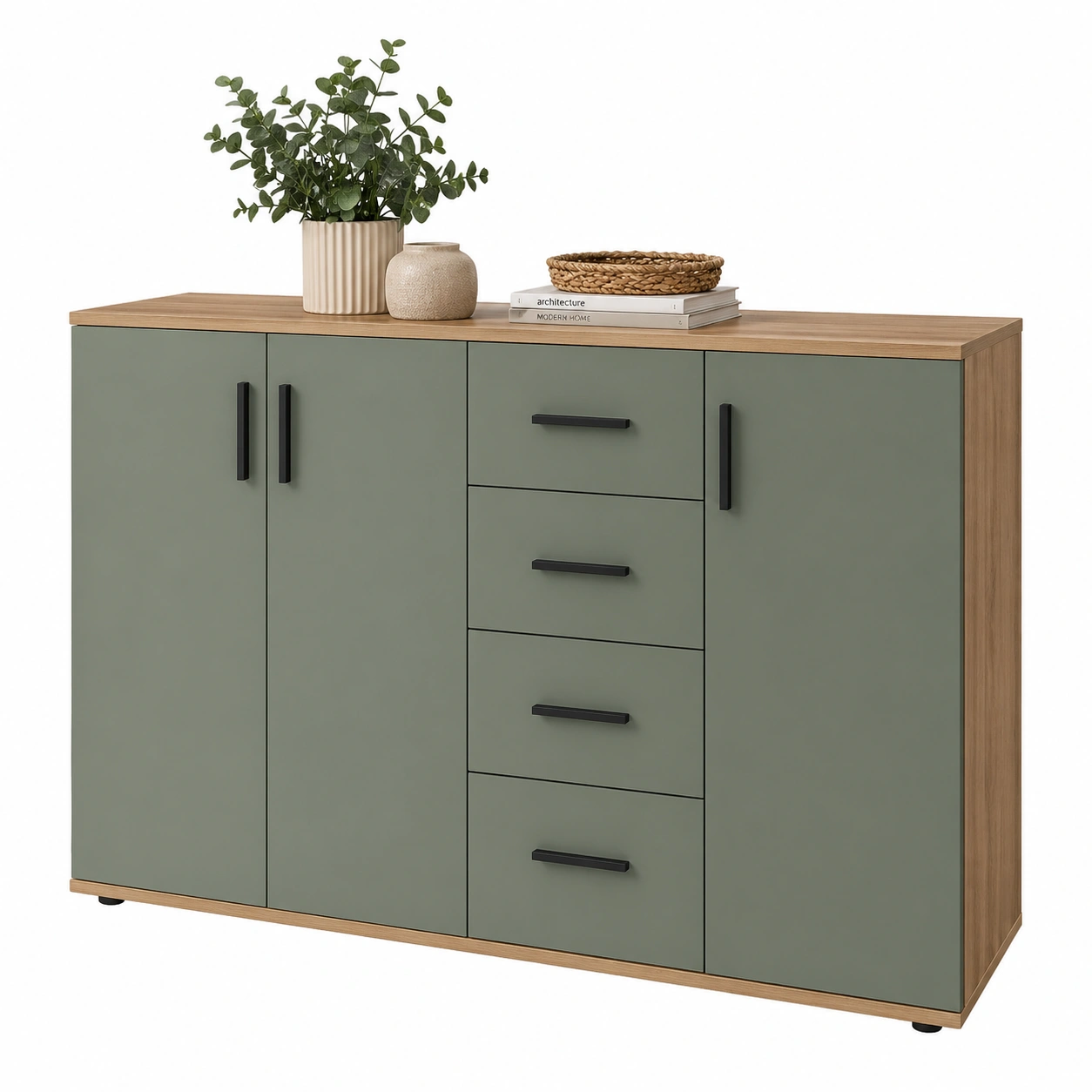 Kommode gruen modern sideboard 3 tueren 4 schubladen aufbewahrung schrank 160x82x35 cm-warmnix