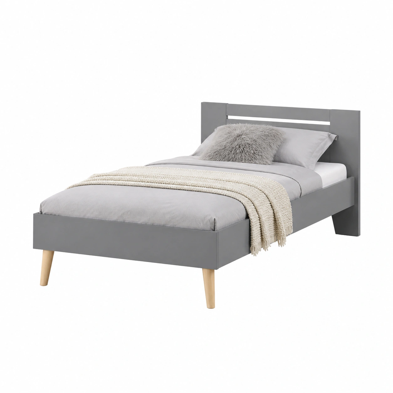 Modernes Einzelbett minimalistisch Holzrahmen weiss 90x200 cm mit Lattenoptik Kopfteil-warmnix