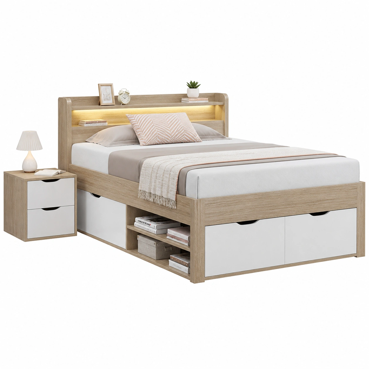 Funktionsbett mit Stauraum Holzoptik Weiss 140x200 cm-warmnix