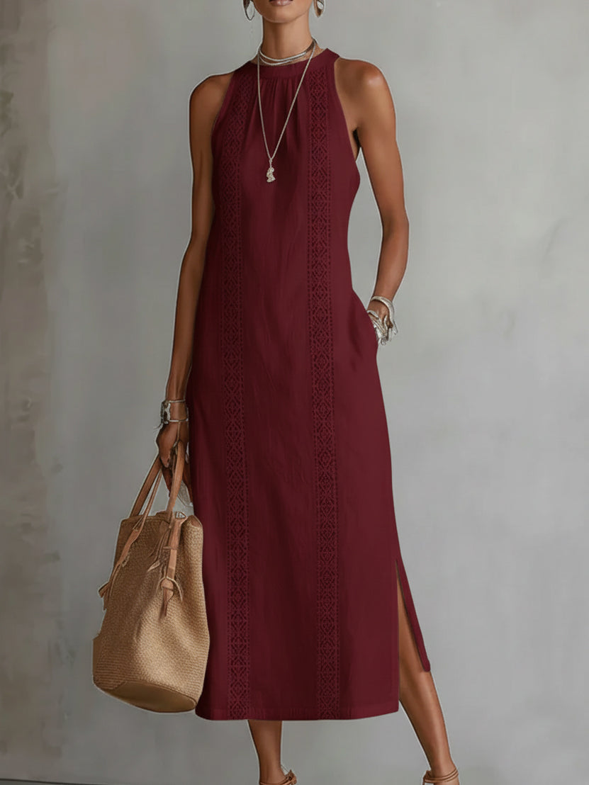 Linen midi dress with mandarin collar