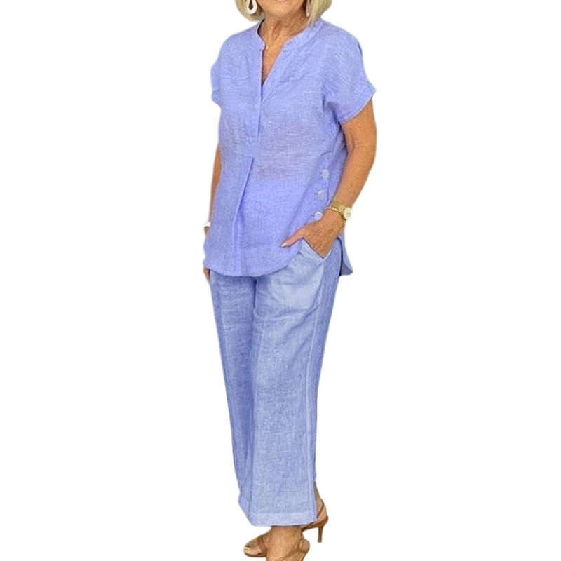 Women's summer set, with short sleeves, in solid colors and a loose fit (blouse with pockets)
