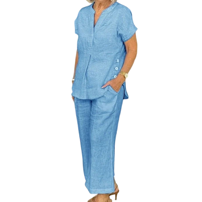 Women's summer set, with short sleeves, in solid colors and a loose fit (blouse with pockets)
