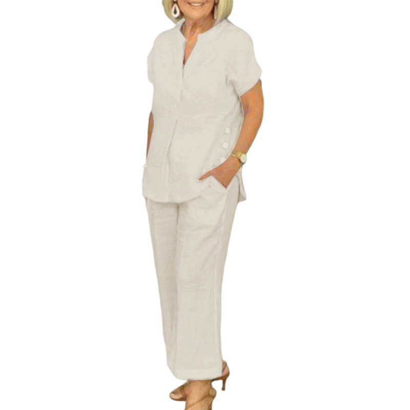 Women's summer set, with short sleeves, in solid colors and a loose fit (blouse with pockets)