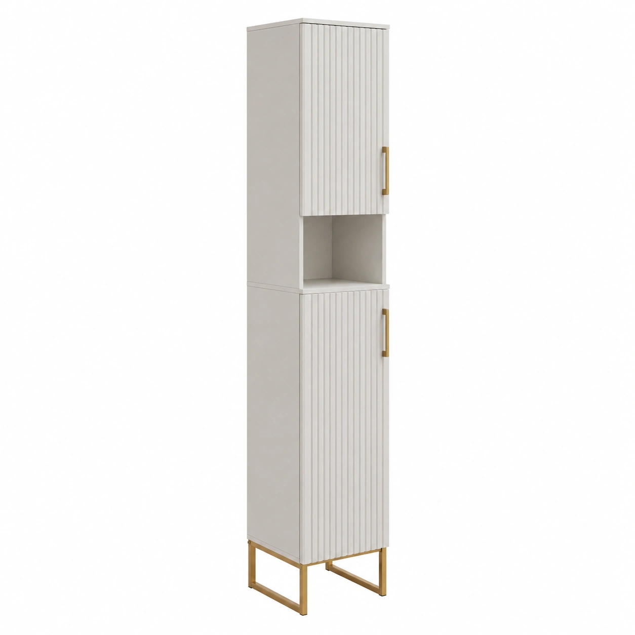 Armario alto para bano con puertas texturizadas y estructura dorada color blanco moderno-quickexo