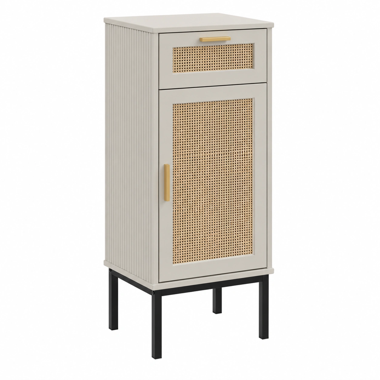 Mueble alto de bano estilo industrial con puertas de lamas y estructura metalica negra-quickexo
