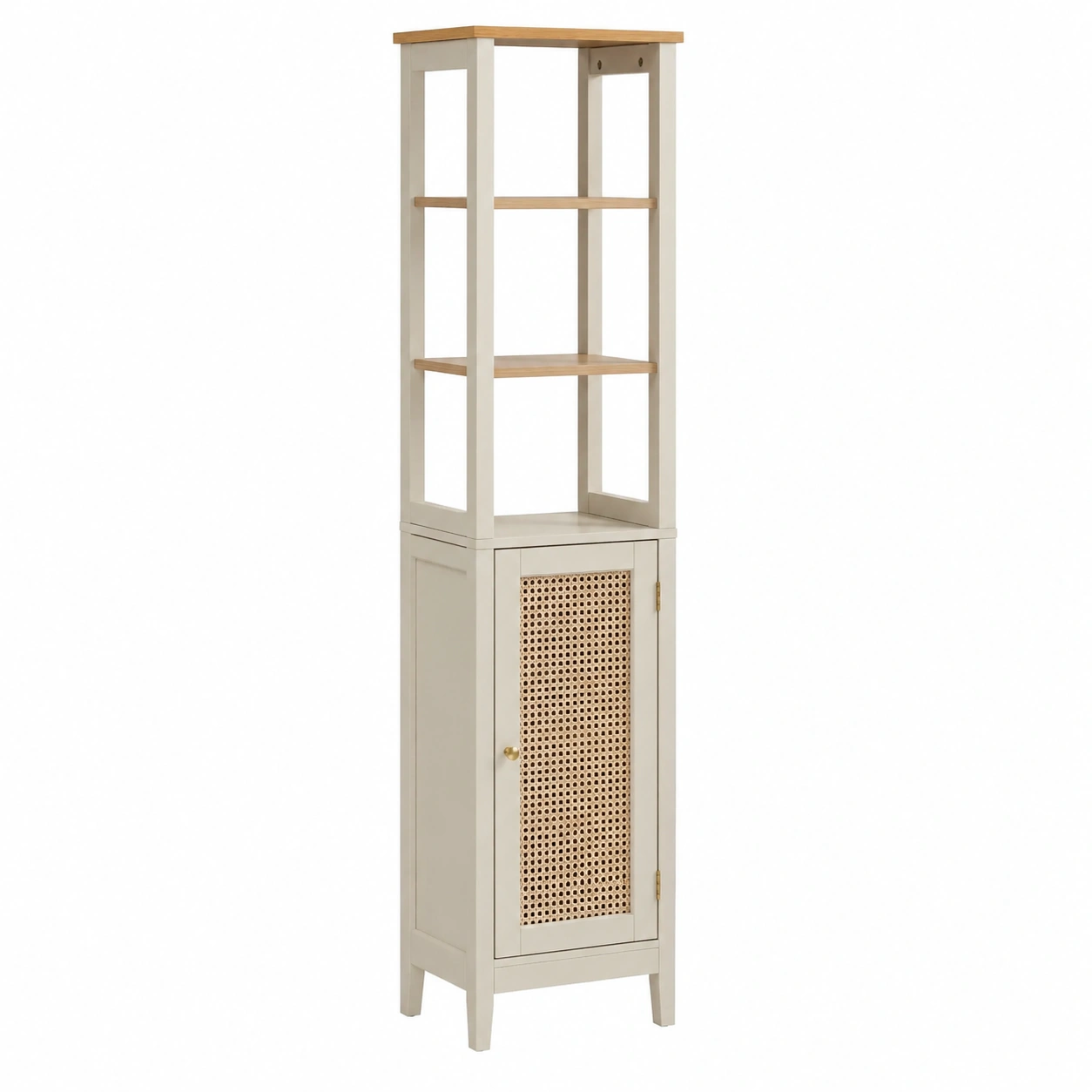 Mueble bajo lavabo efecto madera con puertas de rejilla natural y tiradores dorados-quickexo