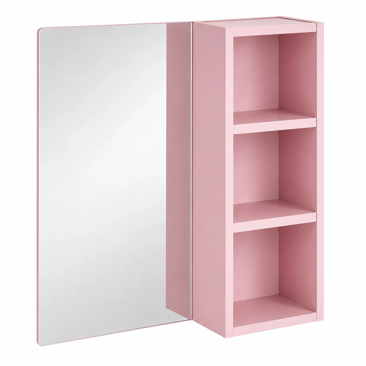 Armario de pared para bano con espejo y estantes abiertos color rosa moderno minimalista-quickexo