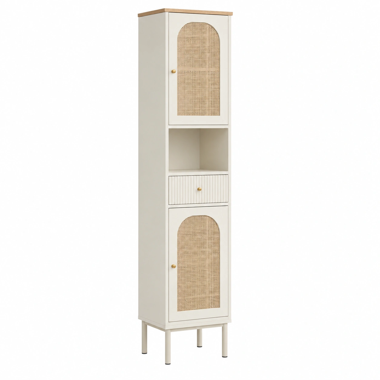 Columna suspendida de bano beige con puertas acanaladas y detalle efecto madera-quickexo