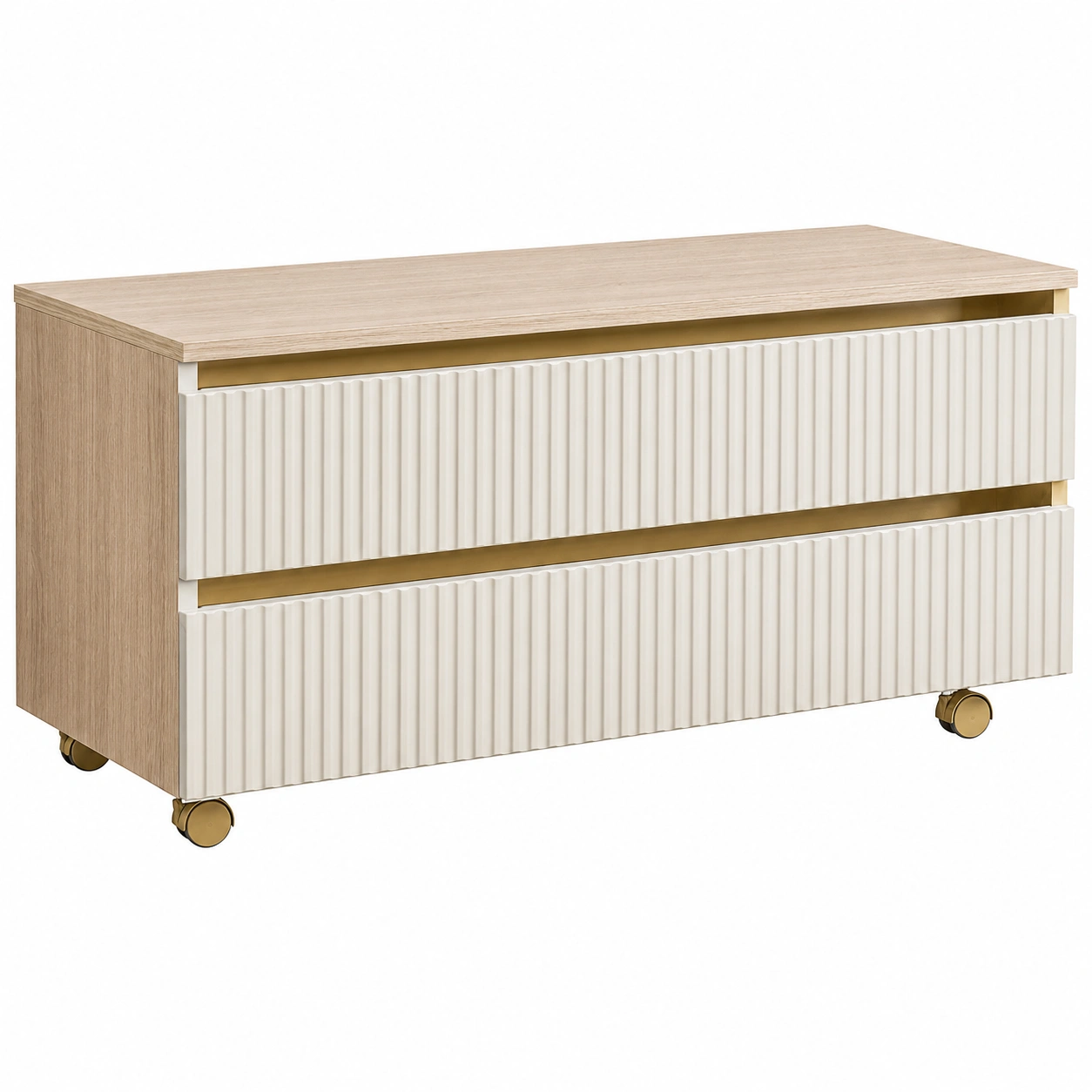 Mueble organizador bajo con cajones acanalados y ruedas doradas estilo moderno minimalista-quickexo
