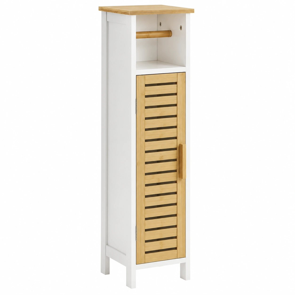 Armario estrecho para bano con soporte para papel higienico y puerta de bambu natural-quickexo