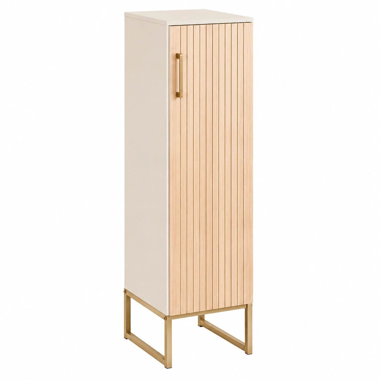 Columna auxiliar de bano beige con puerta acanalada y base metalica dorada-quickexo