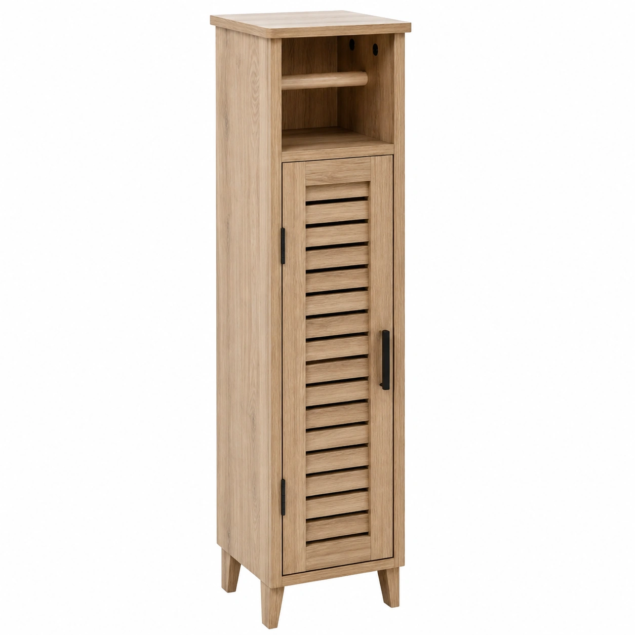 Armario estrecho para bano con puerta de lamas y soporte para papel higienico acabado madera natural-quickexo