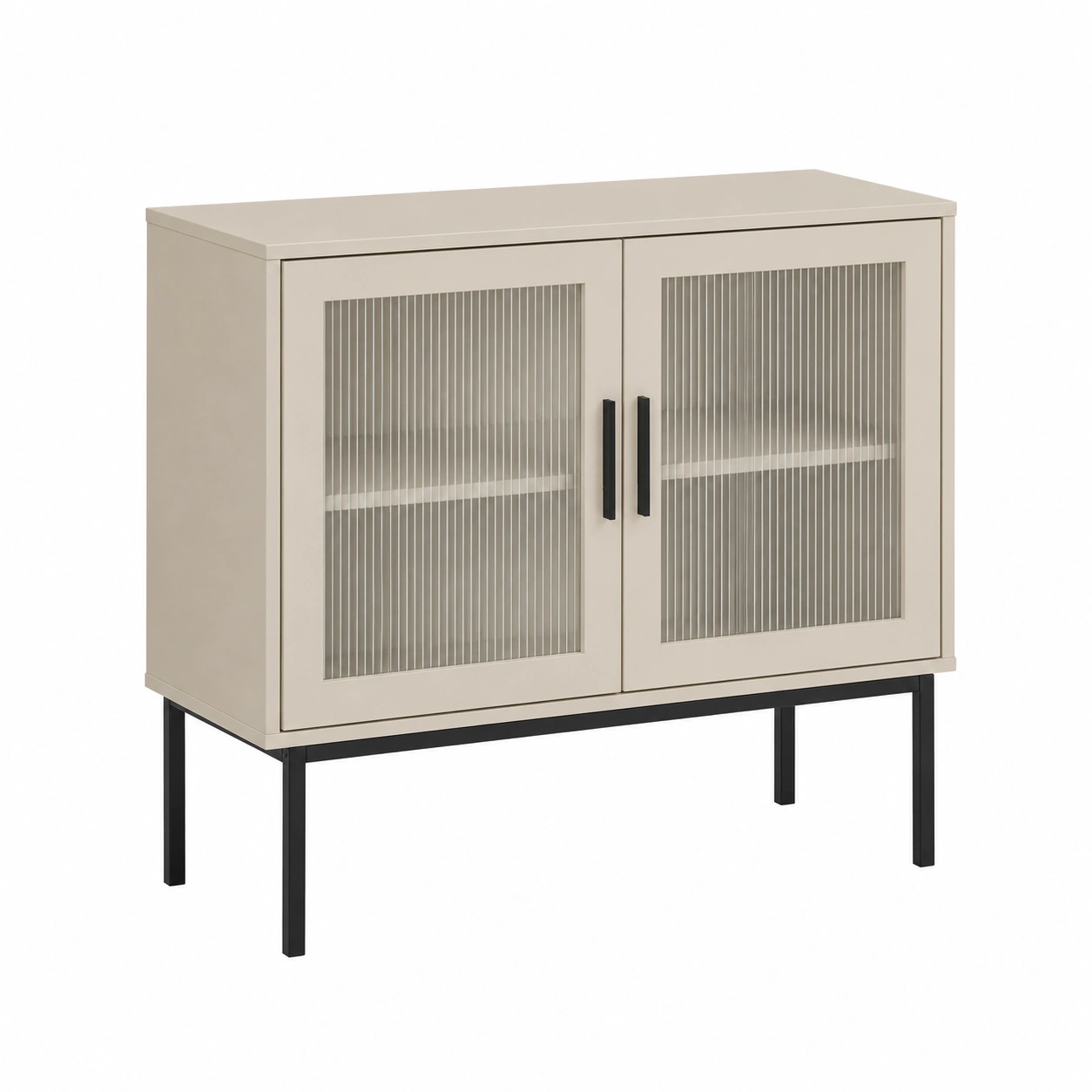 Aparador moderno beige con puertas de cristal acanalado y patas metalicas negras-quickexo