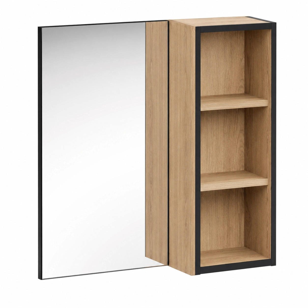 Armario de pared para bano con espejo y estantes abiertos acabado madera roble y negro moderno-quickexo