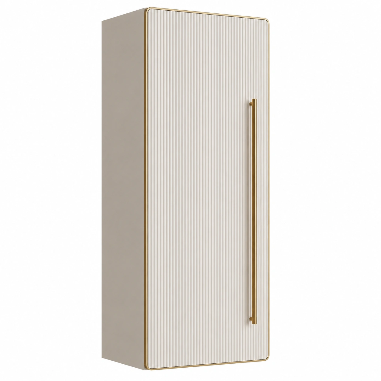 Armario colgante de bano beige con puerta acanalada y tirador dorado-quickexo