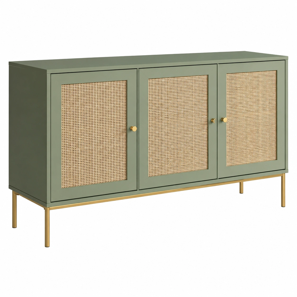 Aparador moderno con puertas de rejilla natural y patas metalicas doradas-quickexo