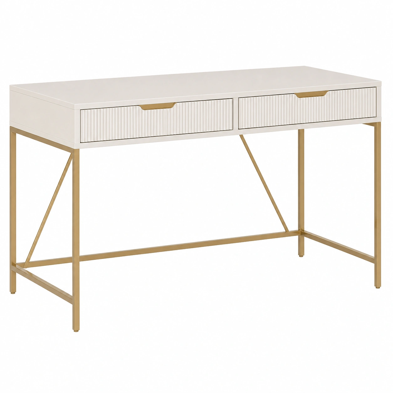 Escritorio elegante con doble cajon y estructura metalica dorada acabado blanco moderno-quickexo