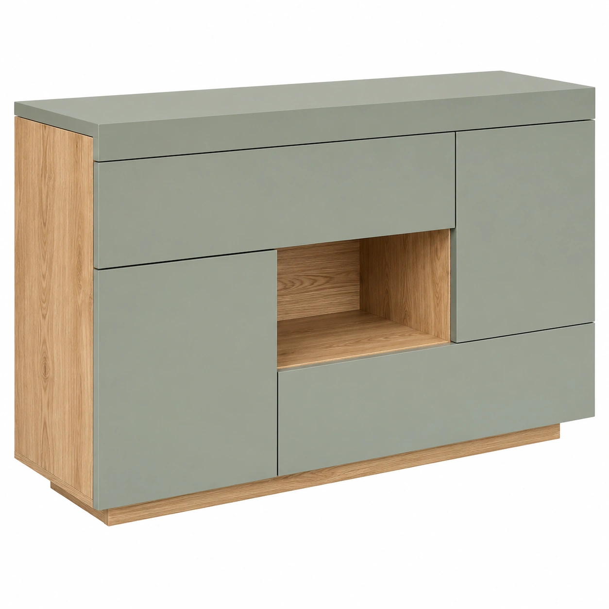 Aparador moderno con puertas integradas y compartimento central abierto-quickexo