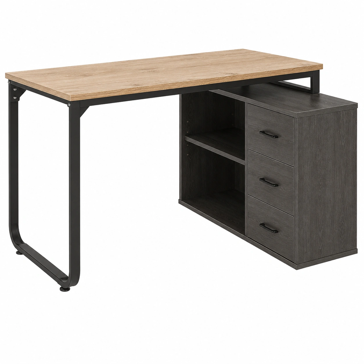 Escritorio moderno con cajonera lateral y estantes abiertos estilo industrial madera y negro-quickexo