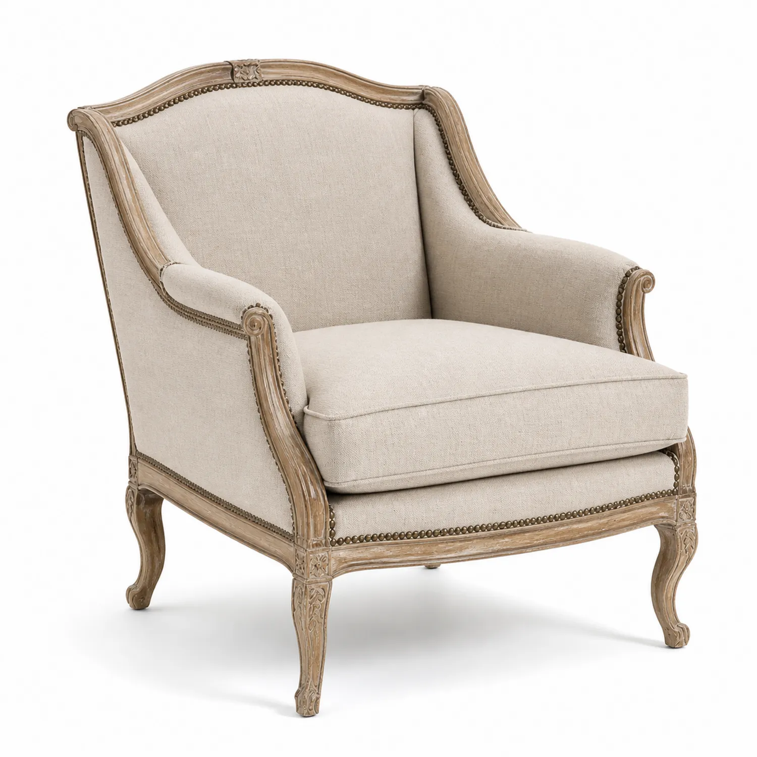 Sillón tapizado en lino con madera de roble beige