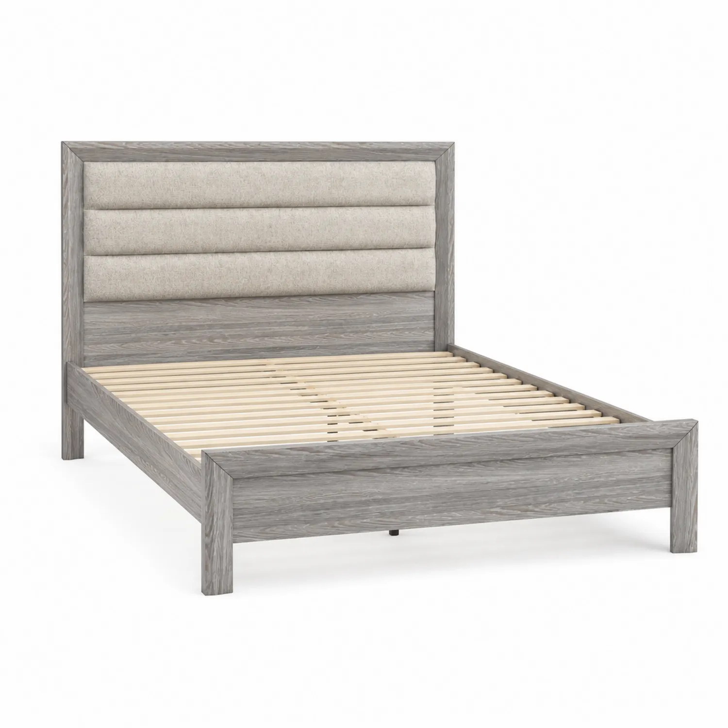 Cama de madera gris con cabecero tapizado 200x160 cm