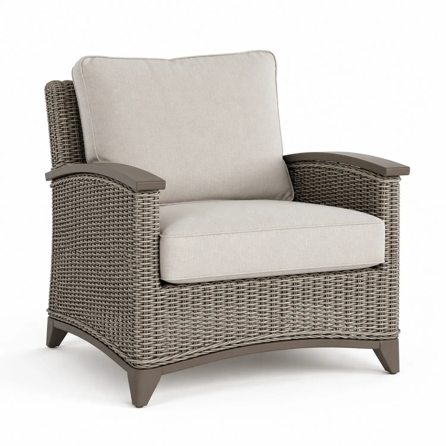 Sillón de ratán sintético gris con cojines crema