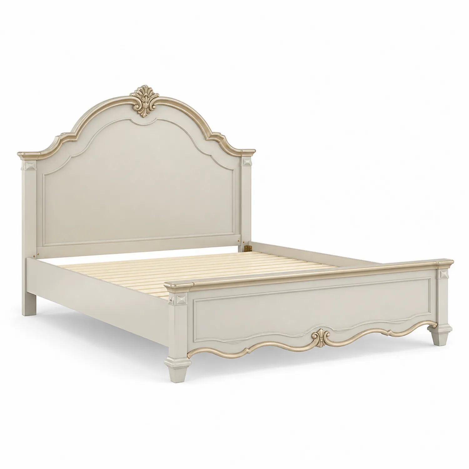 Cama de Madera 200x160 cm Color Crema con Detalles Tallados