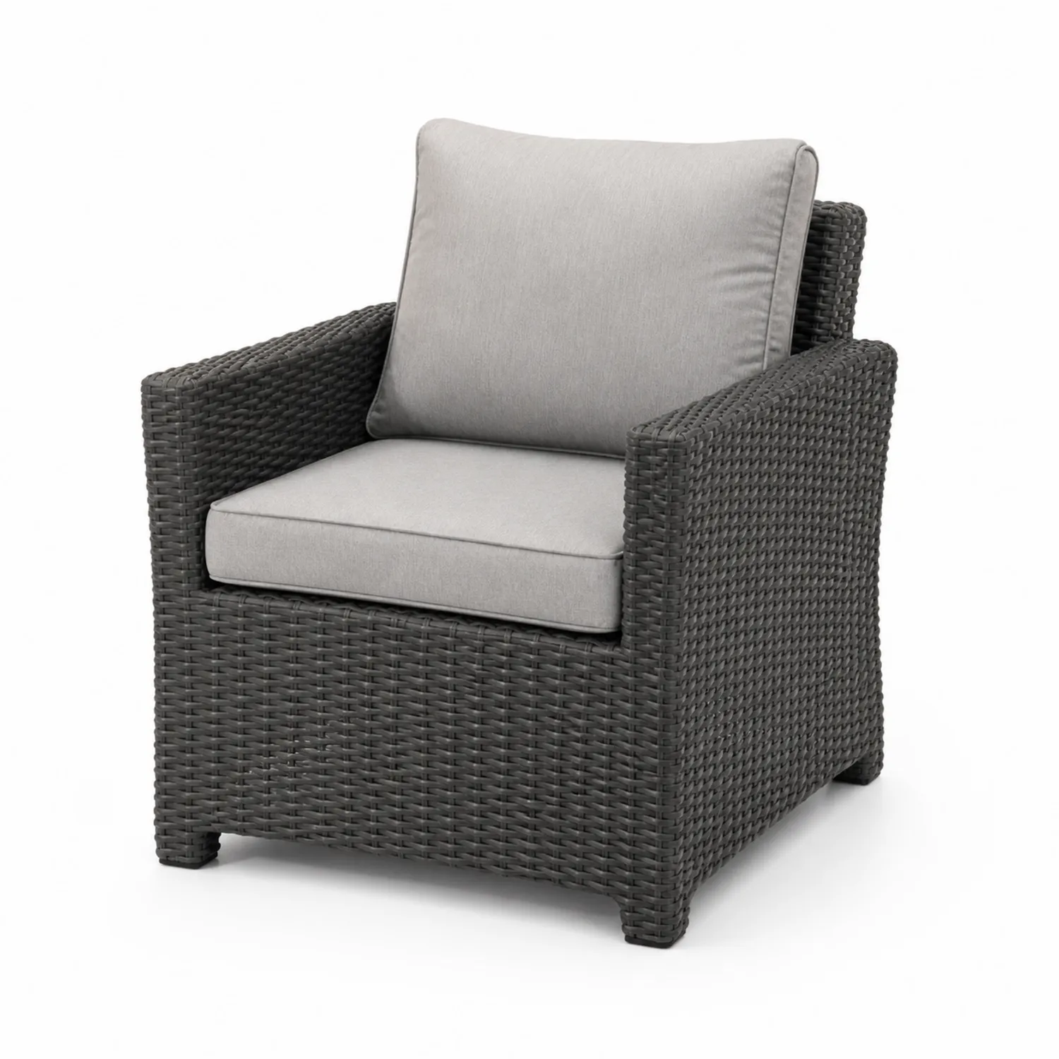 Sillón de ratán sintético gris oscuro con cojines de poliéster gris claro
