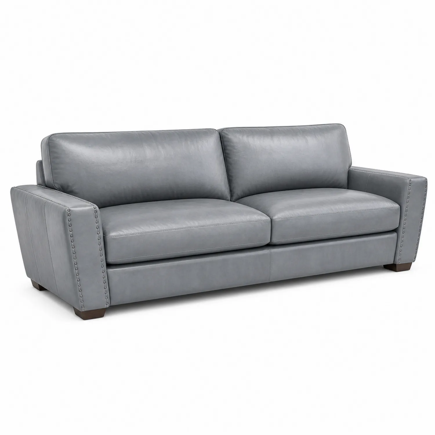 Sofá de tres plazas de cuero genuino gris con patas de madera