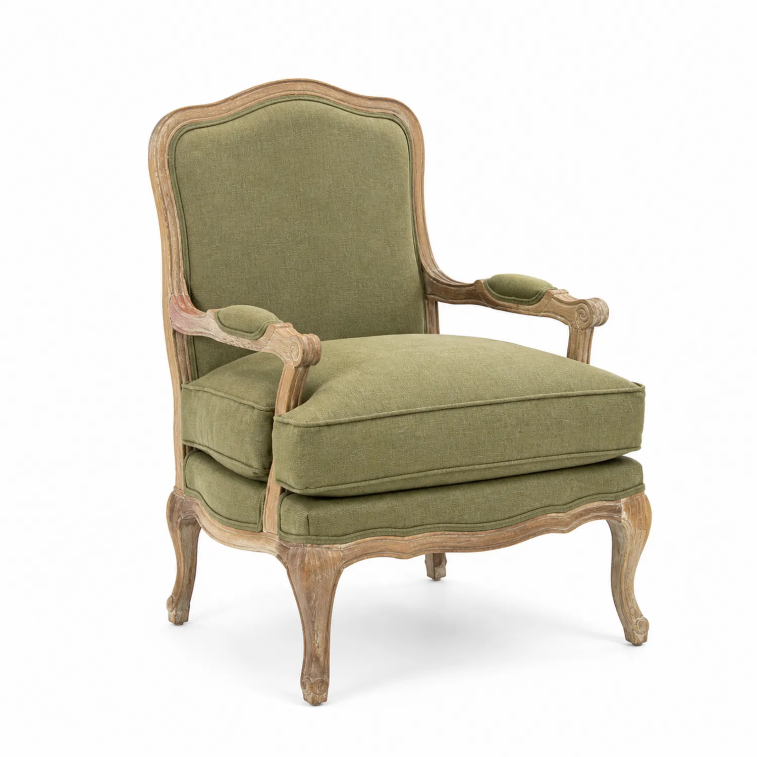 Sillón de madera con tapizado de lino verde