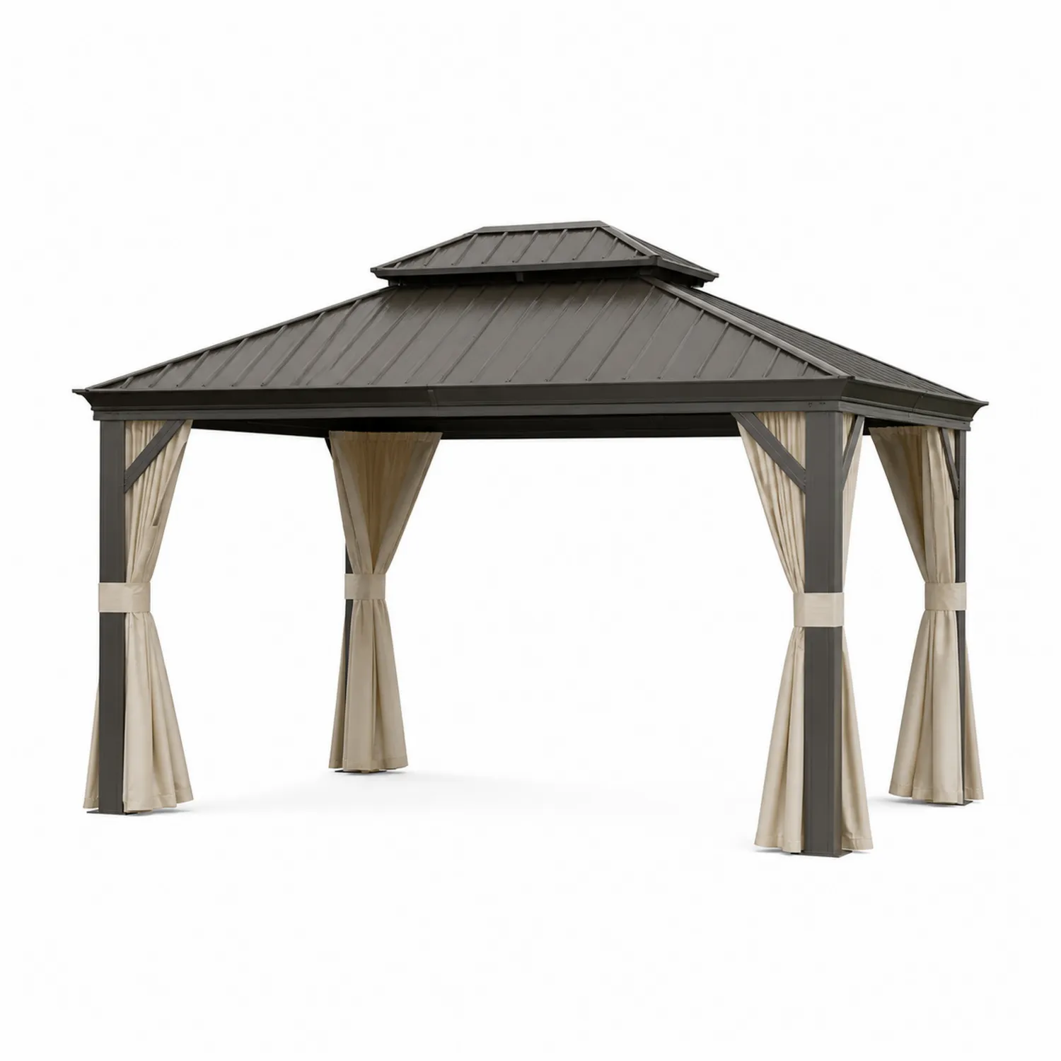 Pabellón de jardín de metal con techo a dos aguas 3m x 4m, Gris y Beige