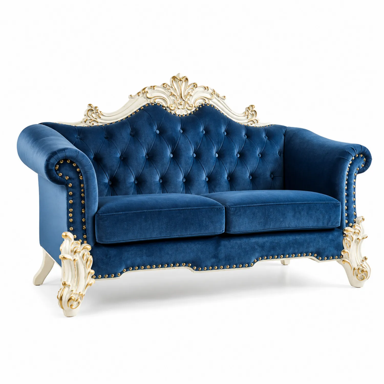 Sofá de terciopelo azul con estructura de madera y detalles dorados