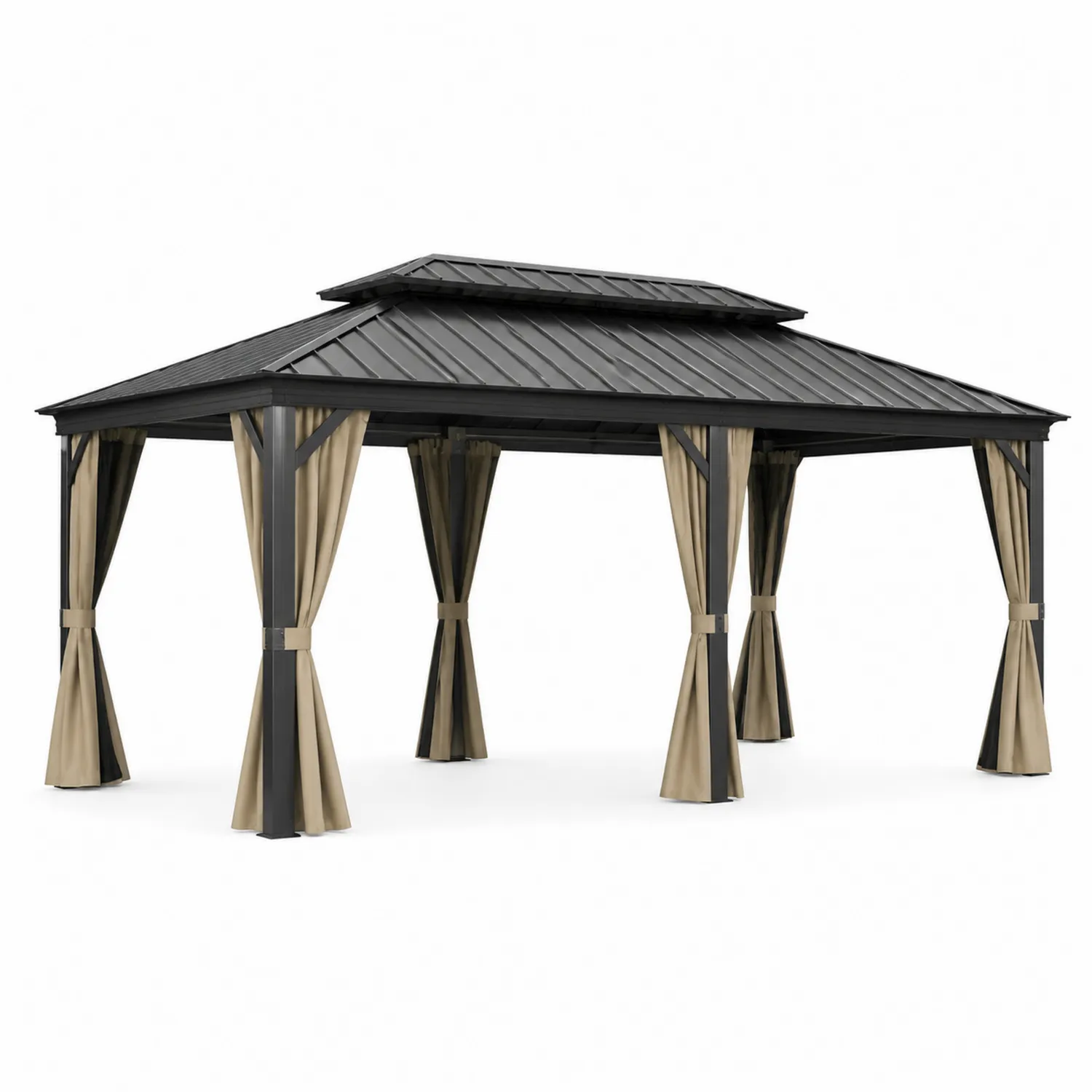 Cenador de Aluminio con Techo Metálico y Cortinas 4x3 m Negro/Beige