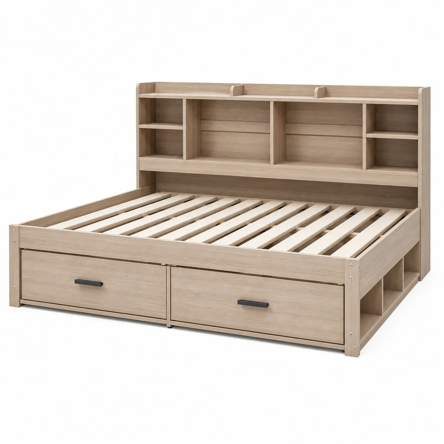 Cama de madera de pino con almacenaje y cabecero estantería 160x200 cm