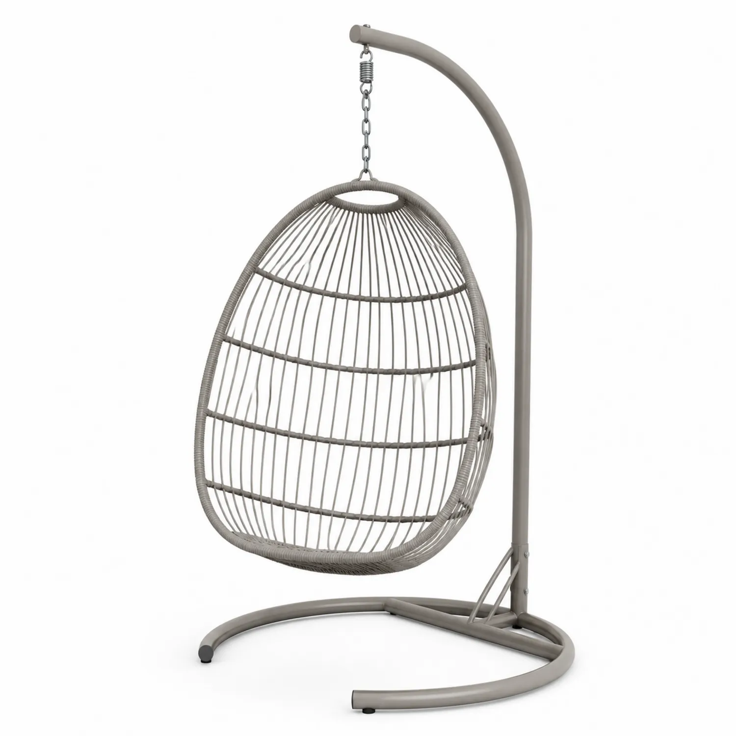 Silla colgante de metal gris con asiento tejido