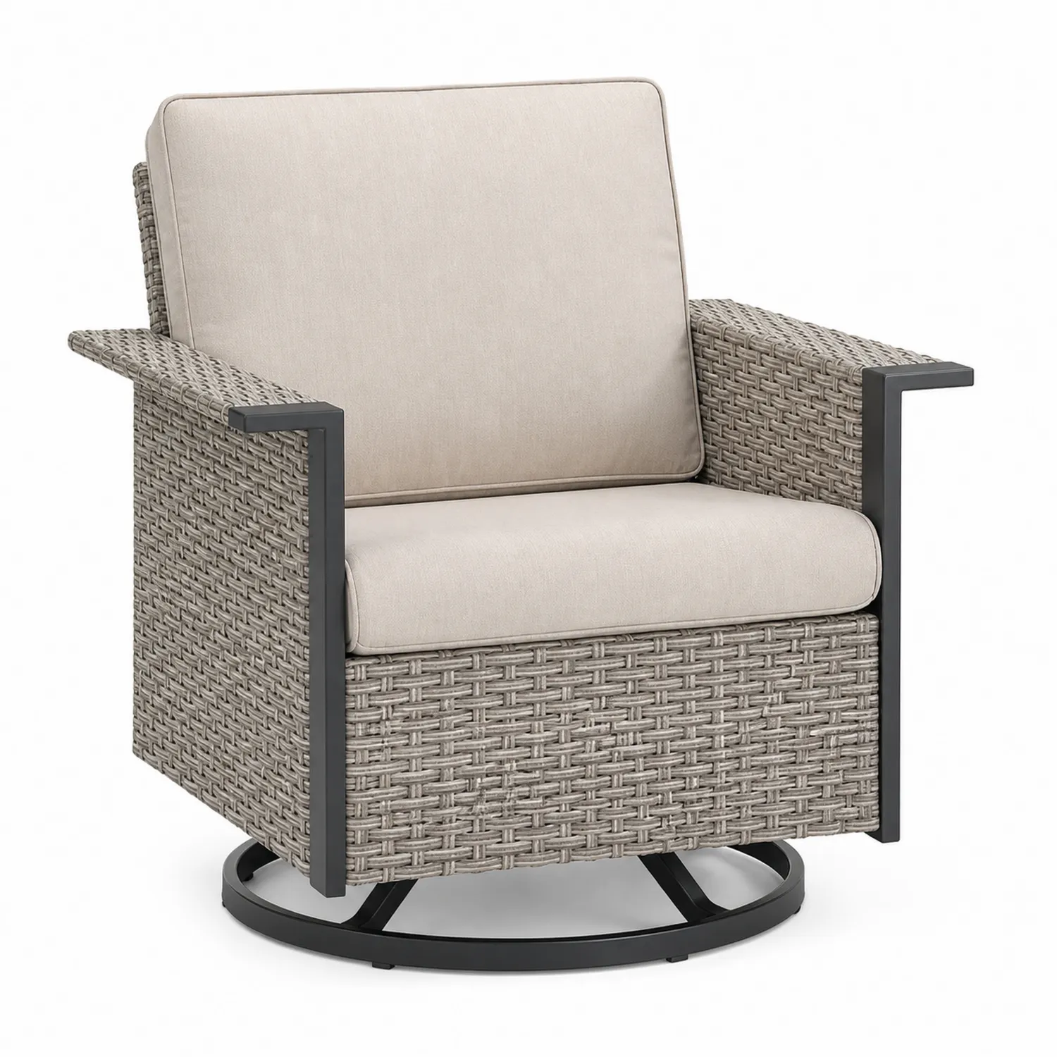 Sillón giratorio de ratán sintético beige con estructura de aluminio