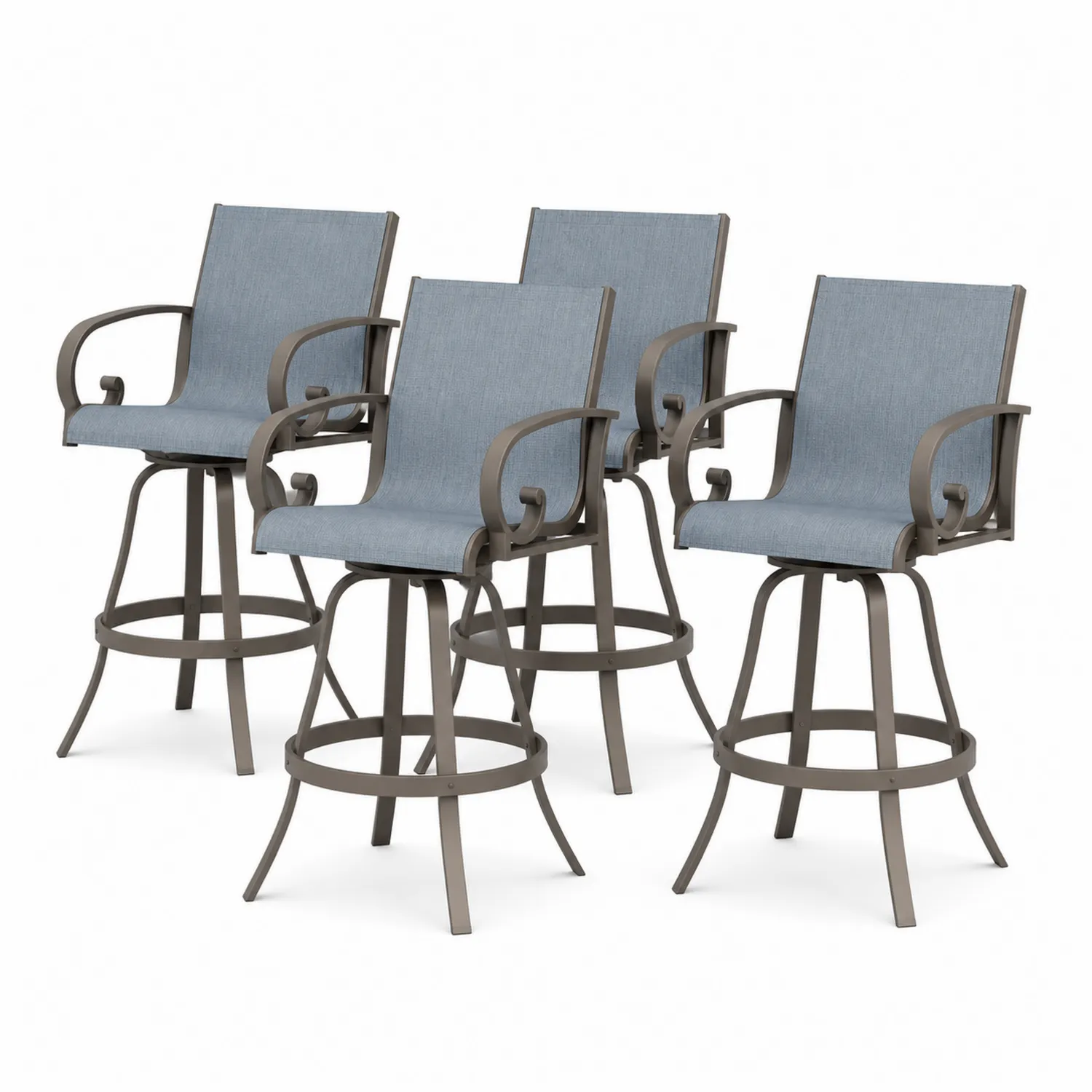 Juego de 4 Sillas Altas Giratorias de Metal con Asiento de Tela Azul
