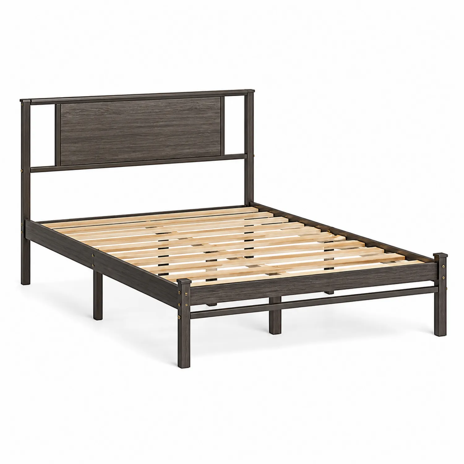 Cama Metálica con Cabecero de Madera y Listones de Madera Contrachapada Negro