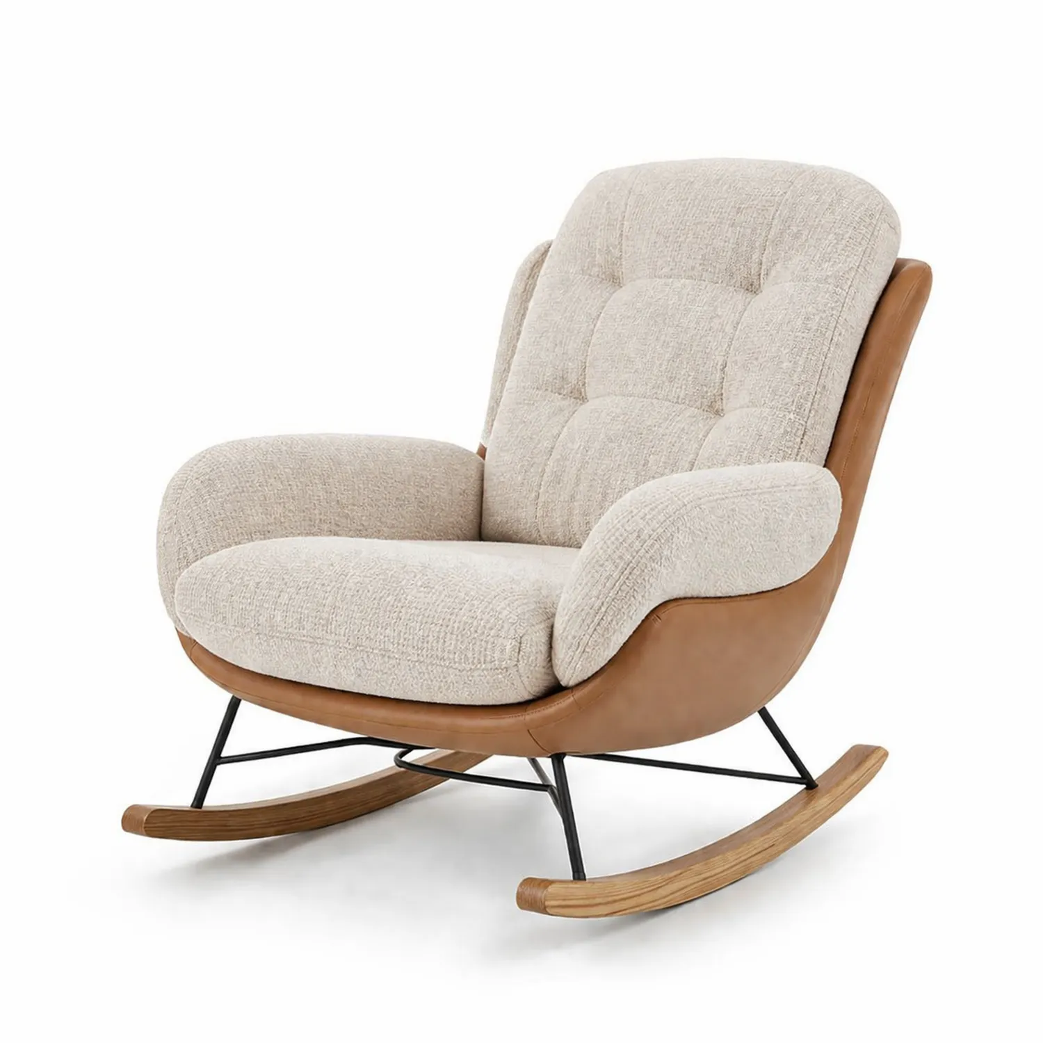 Sillón mecedora de tela beige y cuero sintético marrón