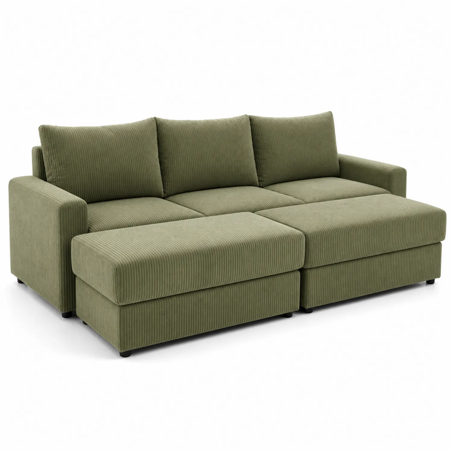 Sofá cama chaise longue de pana verde con almacenamiento 200x150x90cm
