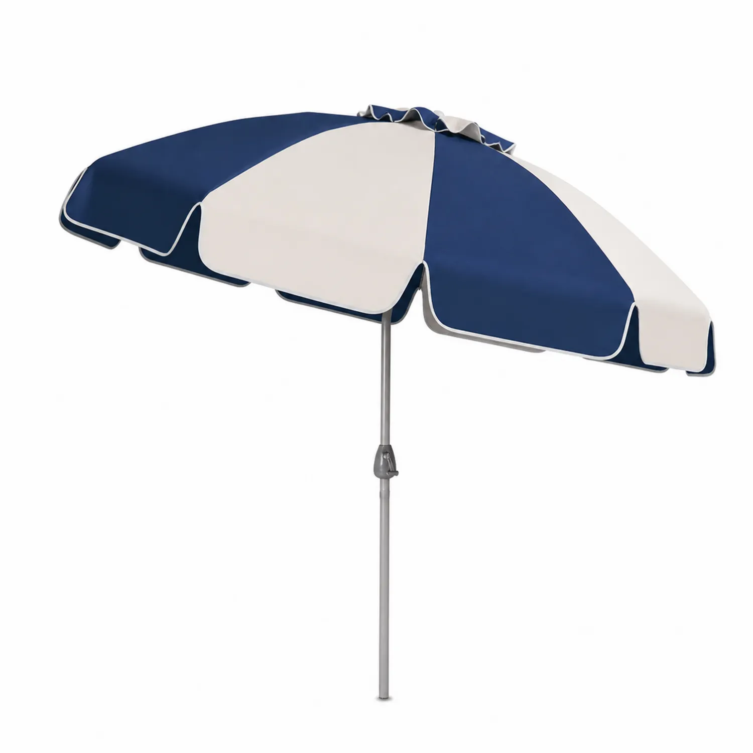 Parasol redondo de poliéster azul y blanco con mástil de aluminio