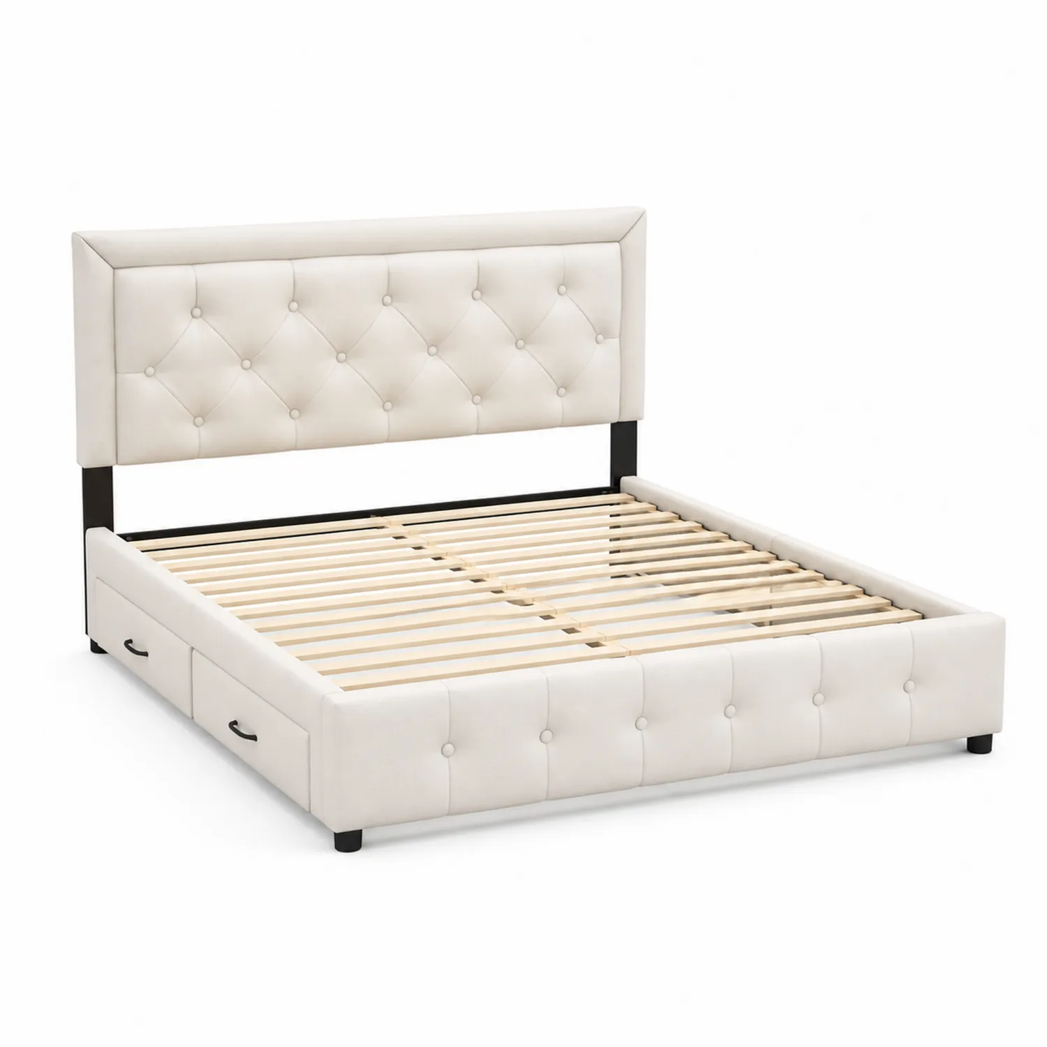 Cama doble tapizada con almacenamiento y estructura de madera