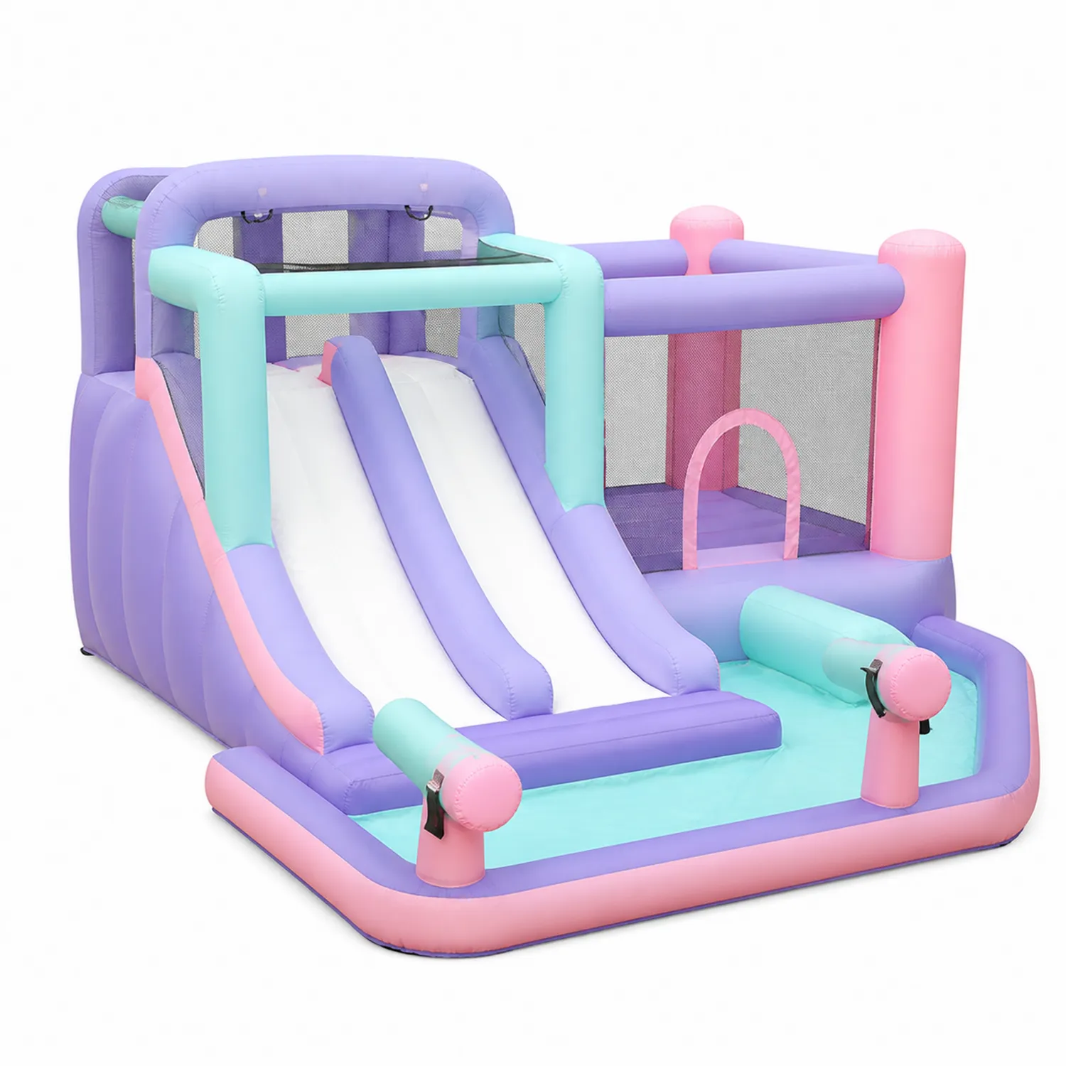 Castillo Hinchable con Tobogán Doble de PVC Morado y Rosa