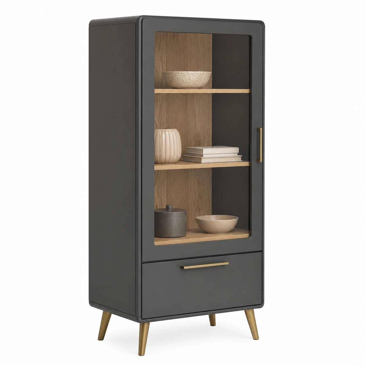 Vitrine Schrank Modern Holz Glas Grau Stauraum Schublade Wohnzimmerschrank 45x70x190 cm-nestixo