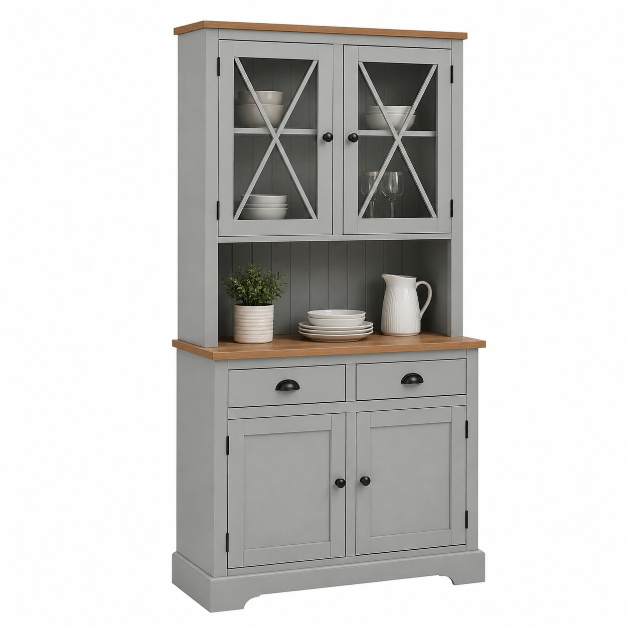 Moderne Vitrine Schrank mit Glas Tueren und Holzplatte Stauraum Sideboard Grau Landhausstil 88x43x198 cm-nestixo