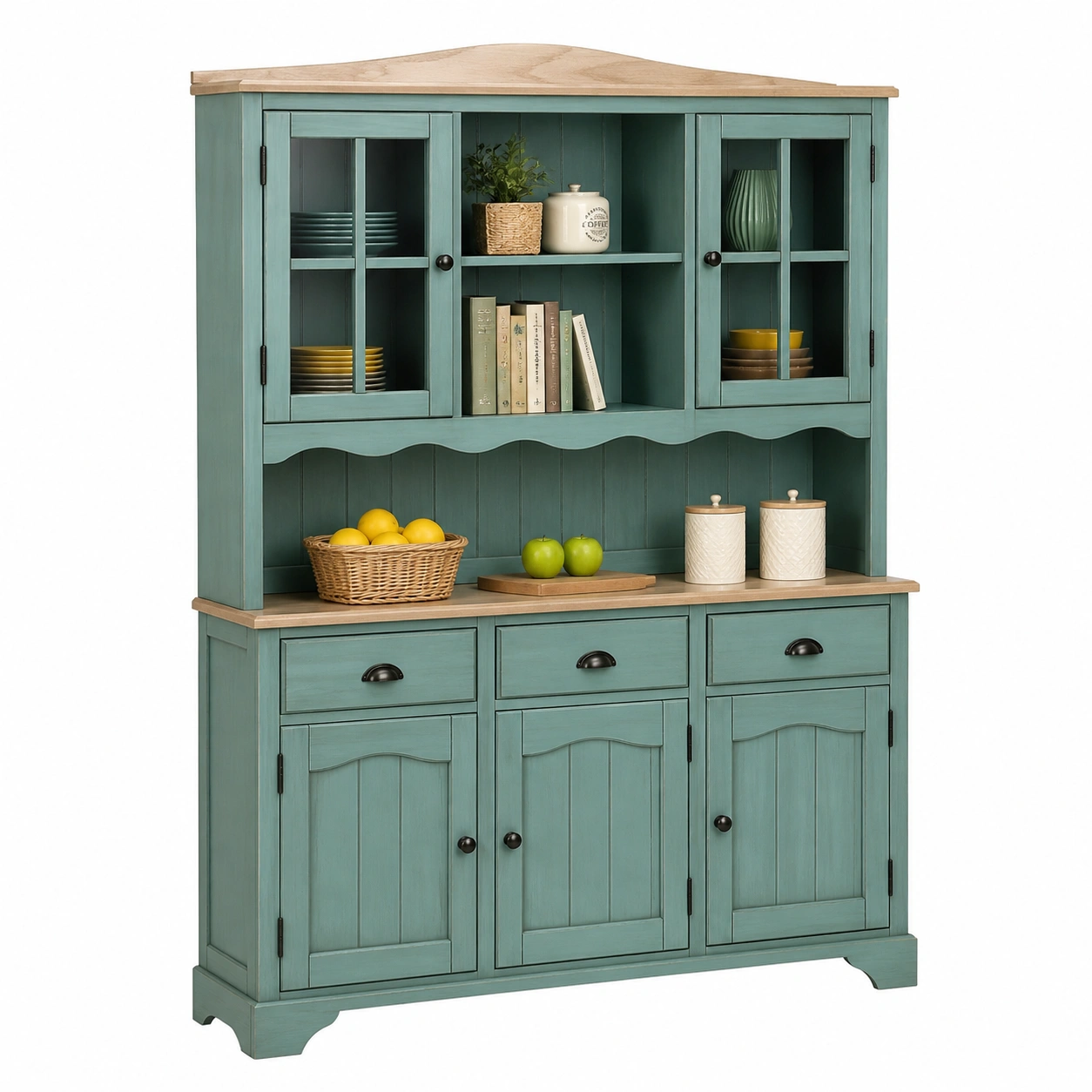 Buffet Schrank Landhausstil Gruen Holzoptik 2 Tueren 3 Schubladen Vitrine Aufsatz-nestixo
