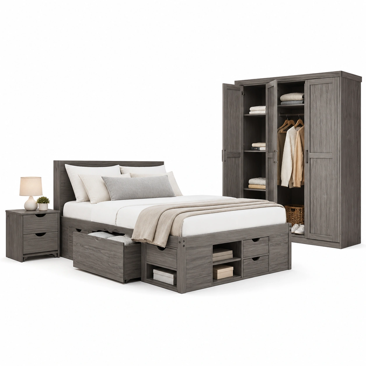 Funktionsbett mit Stauraum 180x200 cm Grau Holzoptik Modernes Schlafzimmer Set-nestixo