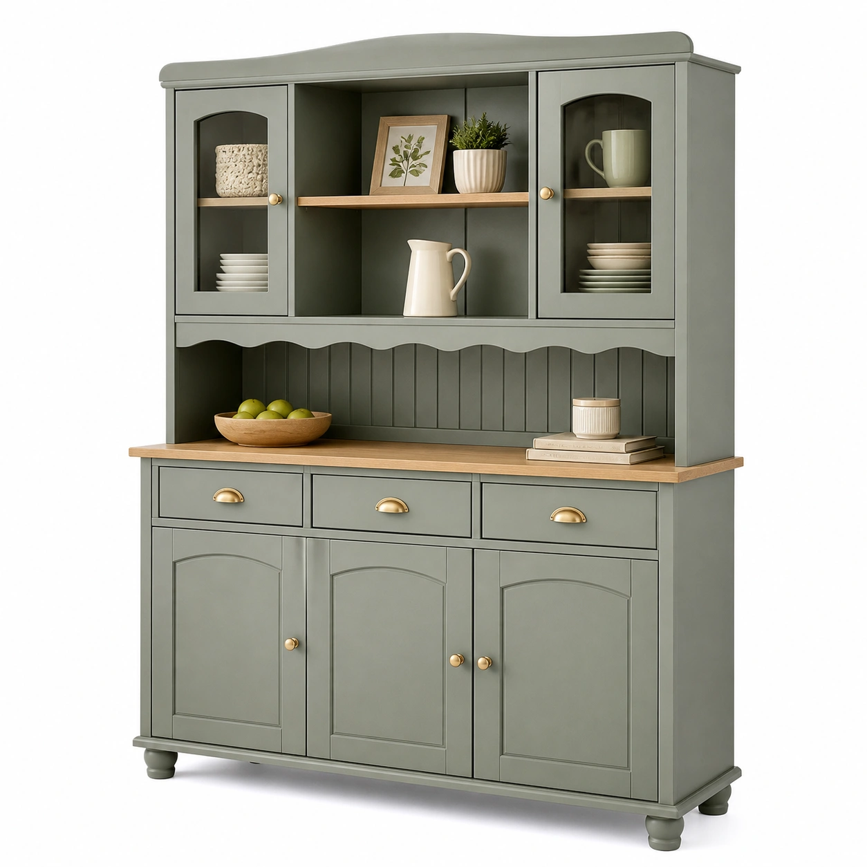 Buffet Schrank Landhausstil Gruen Massivholz Glasvitrine 3 Tueren 3 Schubladen-nestixo
