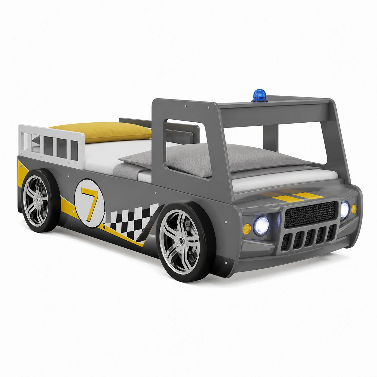 Kinder Autobett 90x200 cm Rennwagen Design LED Scheinwerfer Grau Gelb-casaelego